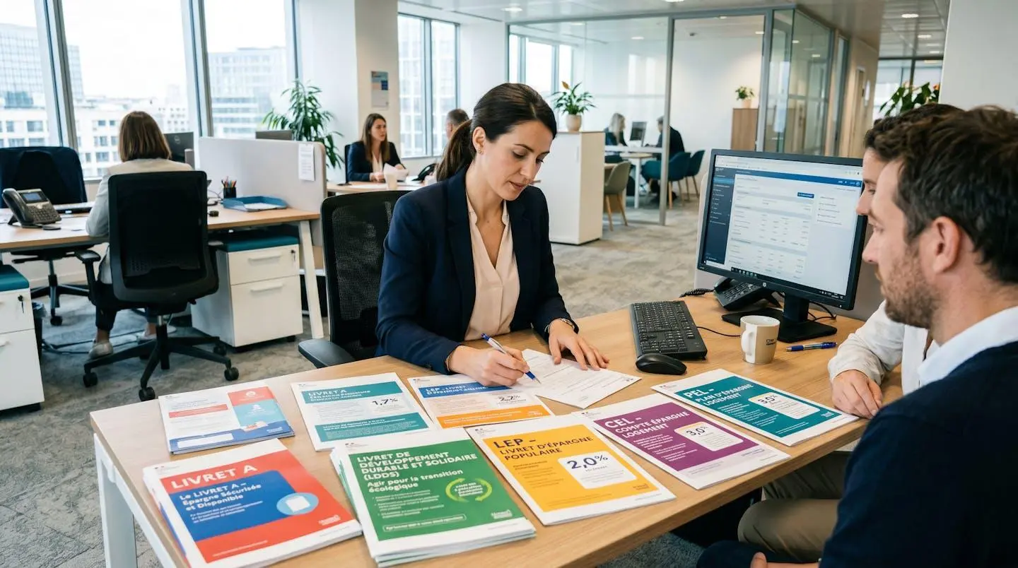 Documentation officielle sur les livrets d'épargne réglementés français disposée sur un bureau de conseiller bancaire