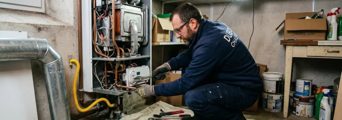 Technicien qualifié effectuant une réparation urgente sur une chaudière domestique dans un sous-sol résidentiel