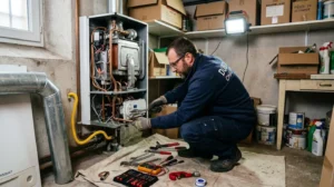 Technicien qualifié effectuant une réparation urgente sur une chaudière domestique dans un sous-sol résidentiel
