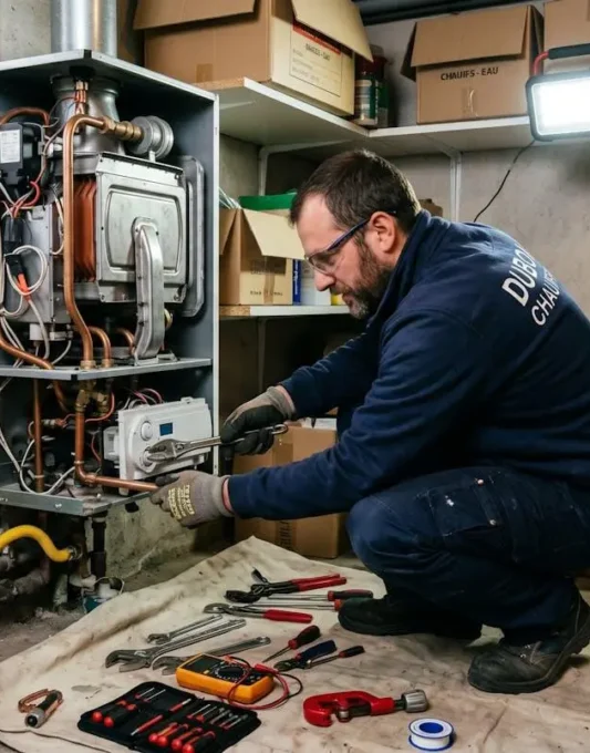 Technicien qualifié effectuant une réparation urgente sur une chaudière domestique dans un sous-sol résidentiel