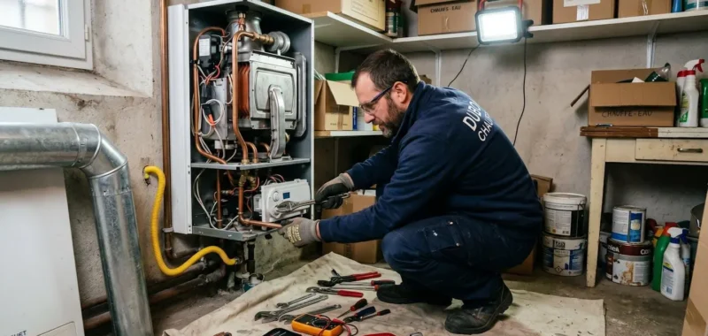 Technicien qualifié effectuant une réparation urgente sur une chaudière domestique dans un sous-sol résidentiel